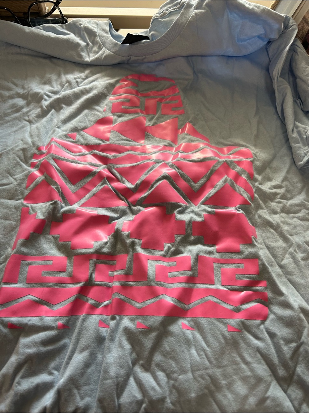 Light Blue Tee with Neon Pink Geometric Print